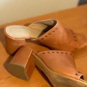 Rebels Tan Studded Block Heel Mules